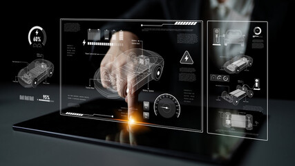 Technical layout of electric vehicle showing battery system, power control, traction motor, charging interface, and integration with renewable and smart energy sources Latch