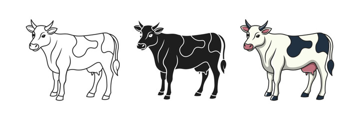 Set of Dairy Cow Illustrations in outline, silhouette and colored cartoon style