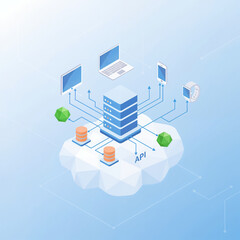 An isometric cloud computing infrastructure with servers, databases, APIs, and user devices linked through structured network lines