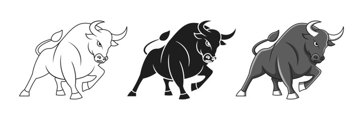 Obraz premium Set of Attacking Bull vectors in outline, solid black and flat colored illustrations