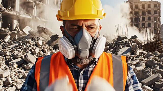 Construction worker in safety gear standing amidst demolition site rubble with destroyed buildings in the background
