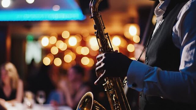 Musician playing saxophone in a dimly lit restaurant with blurred background of people dining and warm lighting ambiance