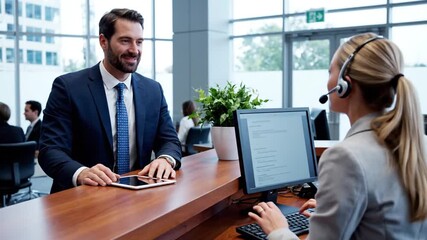 A customer service representative assisting a client at a modern office reception desk with a computer and headset