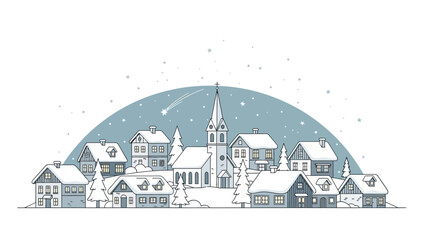 Winter village illustration featuring houses, a church, snow, and a shooting star in the night sky. © Muflif
