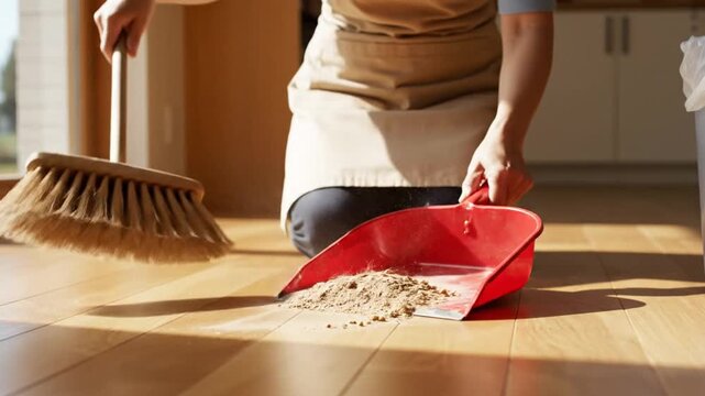 A person sweeps dust into a red dustpan on a sunlit wooden floor, dust particles in air