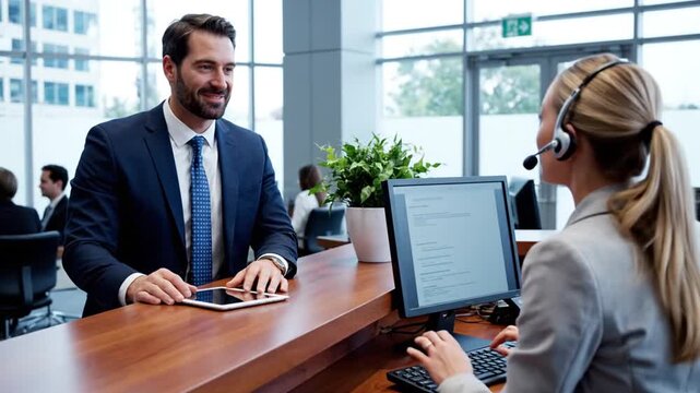 A customer service representative assisting a client at a modern office reception desk with a computer and headset