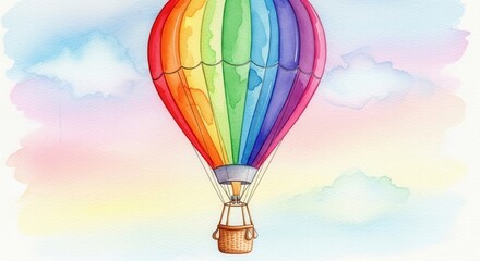 Fototapeta premium Watercolor illustration of a rainbow hot air balloon floating through pastel skies bringing joy