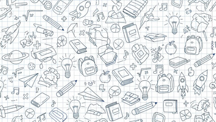 A whimsical doodle pattern featuring school supplies, rockets, and planets on a grid background.