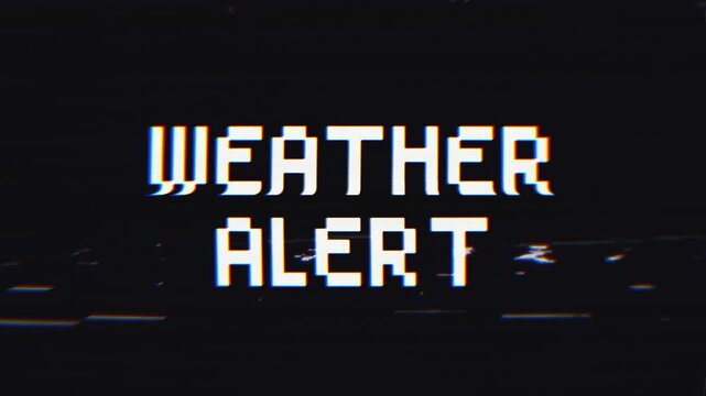 Weather Alert Glitch Text Animation with VHS Effect on Black Background. Perfect for emergency broadcasts, news, or any vintage tech-themed warning.