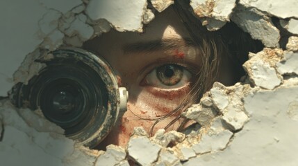 A Person's Eye Viewed Through a Hole with a Camera Lens in a Damaged Wall