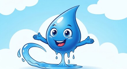 Fototapeta premium Cheerful water drop cartoon character against blue sky promotes hydration awareness