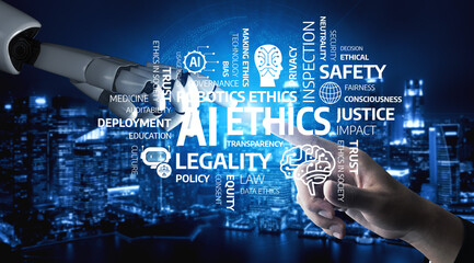 Concept of Artificial Intelligence Ethics and Its Impact on Society as Represented by Human Hand and Robotic Arm with Textual Elements Highlighting Key Themes. Tessel.