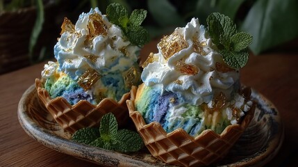Delicious rainbow ice cream cones with whipped cream and golden decorations for celebration