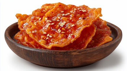 Delicious Spicy Korean Chicken Skin Crisps Garnished with Sesame Seeds in a Wooden Bowl