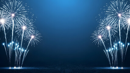 Futuristic Blue Fireworks Background With Glowing Light Trails and Digital Floor