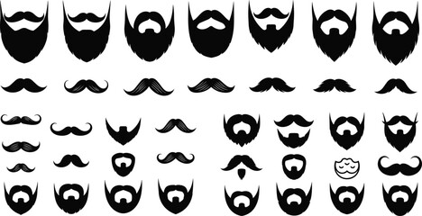 Mega set of black silhouette icons featuring various mustache and beard styles and shapes for men, perfect for barbershop logos and facial hair designs, vector
