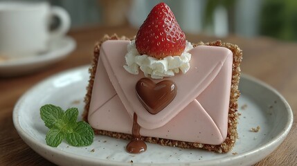 Delicious strawberry cake shaped like an envelope with chocolate heart detail displayed on a plate