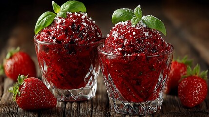 Delicious strawberry granita with fresh basil served in crystal glasses display
