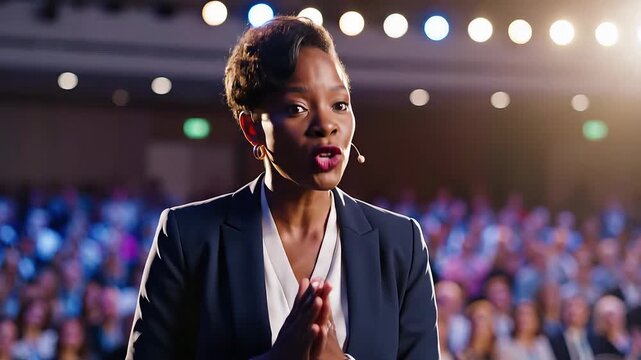 A confident and articulate African American businesswoman delivers an inspiring speech on stage at a large corporate conference, engaging the diverse audience with powerful gestures and a professiona.