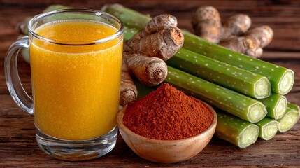 Delicious turmeric juice with turmeric powder and turmeric sticks preparation