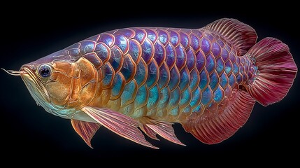 Detailed captivating artistic rendering of an iridescent Arowana fish against a dark background