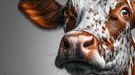 Detailed captivating portrait of a brown and white speckled cow showing expressive eyes and gentle