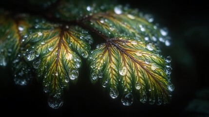 Detailed close-up of vibrant green fern leaves adorned with glistening water droplets in the dark