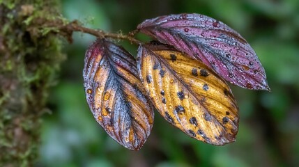 Detailed close-up showcasing vibrant colorful leaves with water droplets in a humid jungle