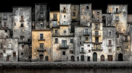 Detailed facade of abandoned historic buildings with weathered texture near a river