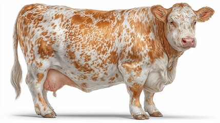 Detailed illustration of a brown and white dairy cow standing on a white background