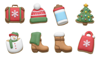 Cute 3D Holiday Cookies and Travel Essentials Isolated on Transparent Background