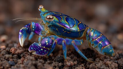 Detailed macro photograph of a vibrant, colorful Harlequin Crab on a dark textured surface showing