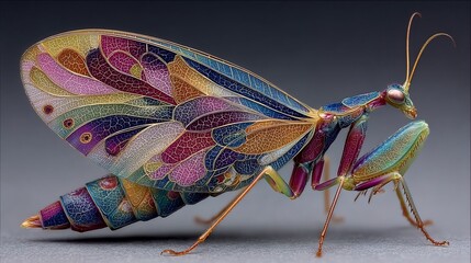 Detailed macro shot of a vividly colored praying mantis with intricate wing patterns
