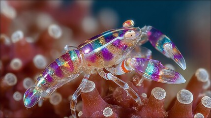 Detailed macro shot showcases a colorful commensal shrimp on coral reef polyps exhibiting