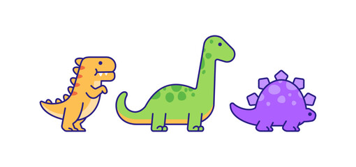 Adorable set of cartoon dinosaurs in different shapes and colors with friendly expressions. Flat vector illustration with bold outlines, perfect for kids designs, education, stickers © Walt