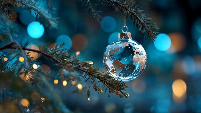 A close-up photorealistic shot of a clear Christmas ornament hangs on a tree branch