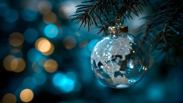 A close-up shot of a clear Christmas ornament hangs on a tree branch with blue and yellow lights.