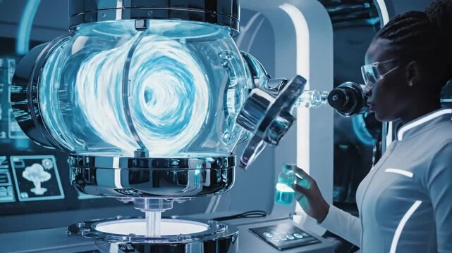 A scientist in a lab experiments with a futuristic device, adding a liquid to it