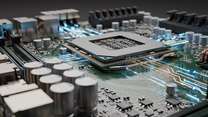Closeup view of a powerful computer processor on a circuit board with glowing blue data lines representing advanced technology artificial intelligence and digital communication in a modern computing . - Powered by Adobe