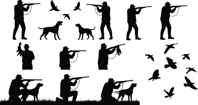 Black Silhouette Collection of Hunters with Dogs and Shotguns Aiming at Flying Birds Isolated on White Background for Outdoor Sports.