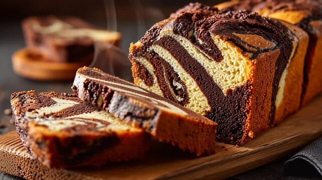 A close-up photorealistic shot shows a freshly baked marble cake on a wooden board indoors.