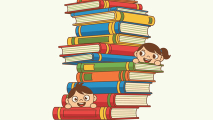 Curious kids exploring a colossal pile of vibrant books, a delightful symbol of childhood learning and literacy education