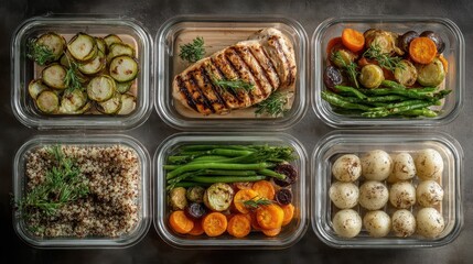 A modern kitchen countertop showcases neatly organized glass containers filled with prepared healthy meals, demonstrating mindful eating and convenient meal planning.