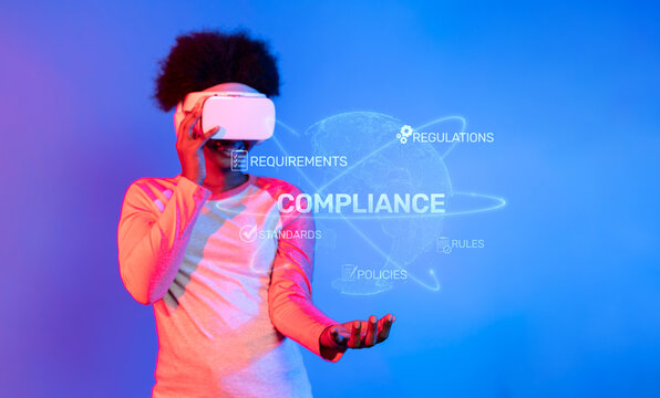 A person using virtual reality technology explores the concepts of compliance, regulations, and policies in a dynamic business environment, emphasizing innovation and engagement. XDMCP