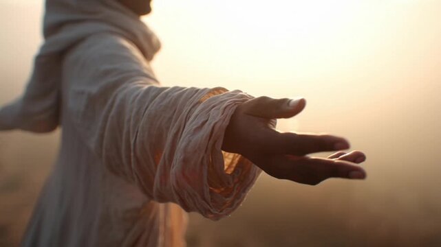 A close-up shot of an outstretched open hand reaches forward in a desert landscape.