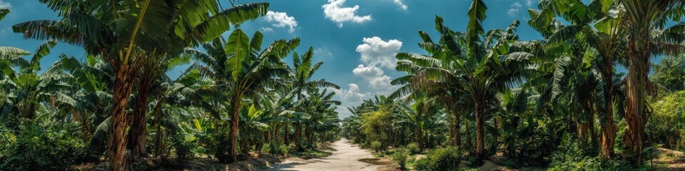 Fototapeta premium The expansive banana plantation stretches into the distance, showcasing rows of tall banana trees under a bright blue sky with scattered clouds above.