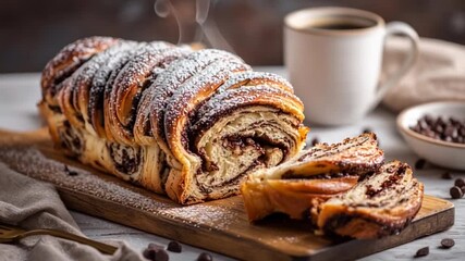 A freshly baked braided chocolate babka loaf sits on a wooden cutting board.