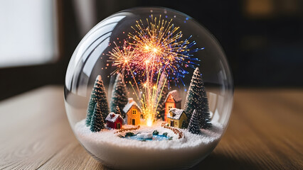 Miniature winter village inside glass globe with colorful fireworks celebration