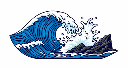 Dramatic illustration of a powerful ocean wave crashing on rocks.
