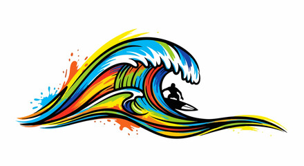 Vibrant colorful wave with surfer silhouette, dynamic water sports art.